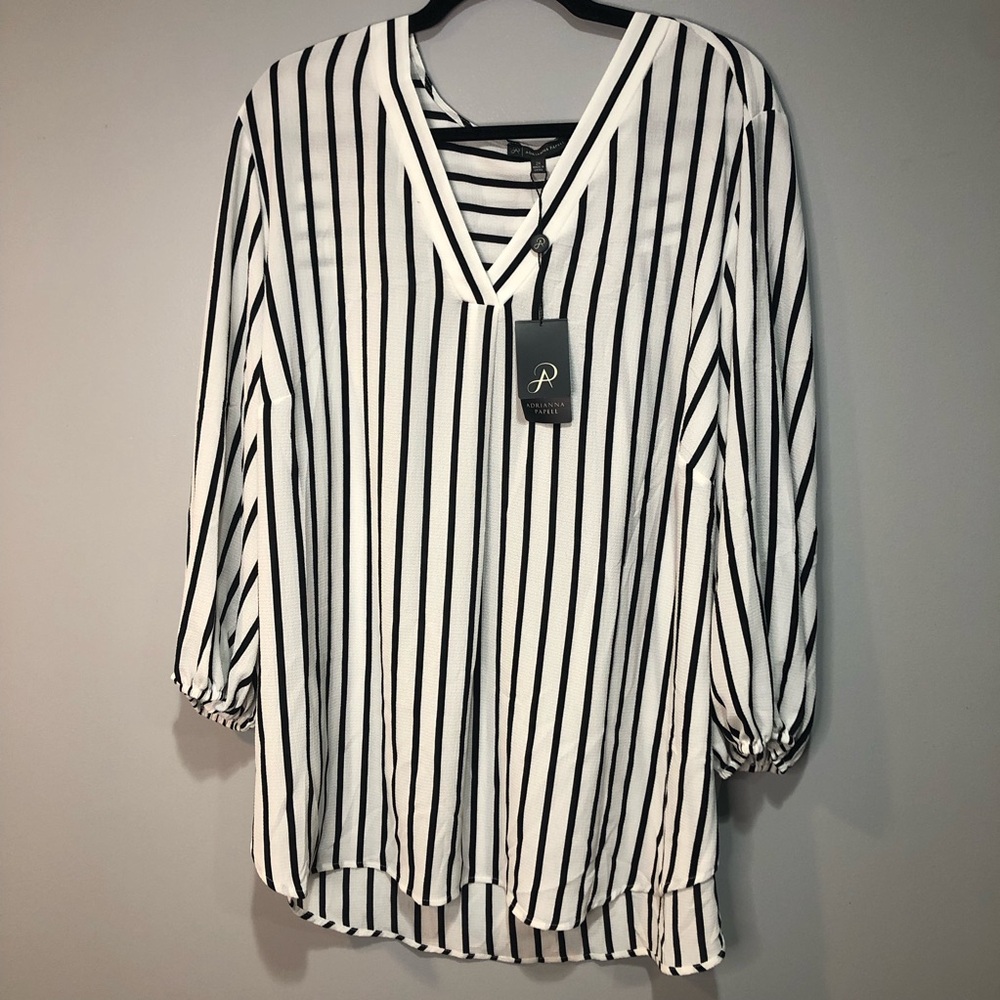 Adrianna Papell Black and White Crepe Blouse 3/4 Sleeve Tunic NWT